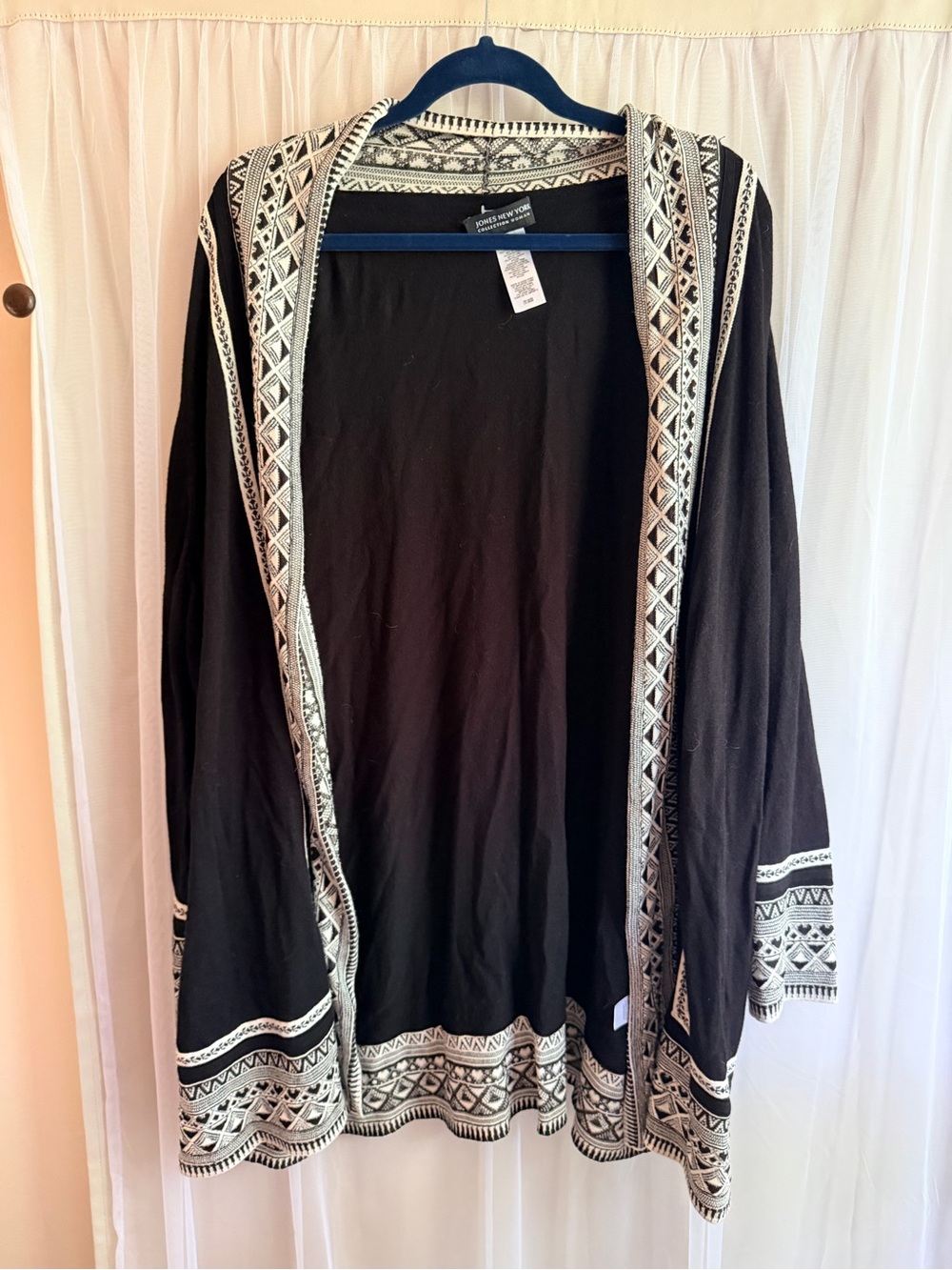 Jones New York 3X Black Open-Front Cardigan with Cream Embroidered Trim